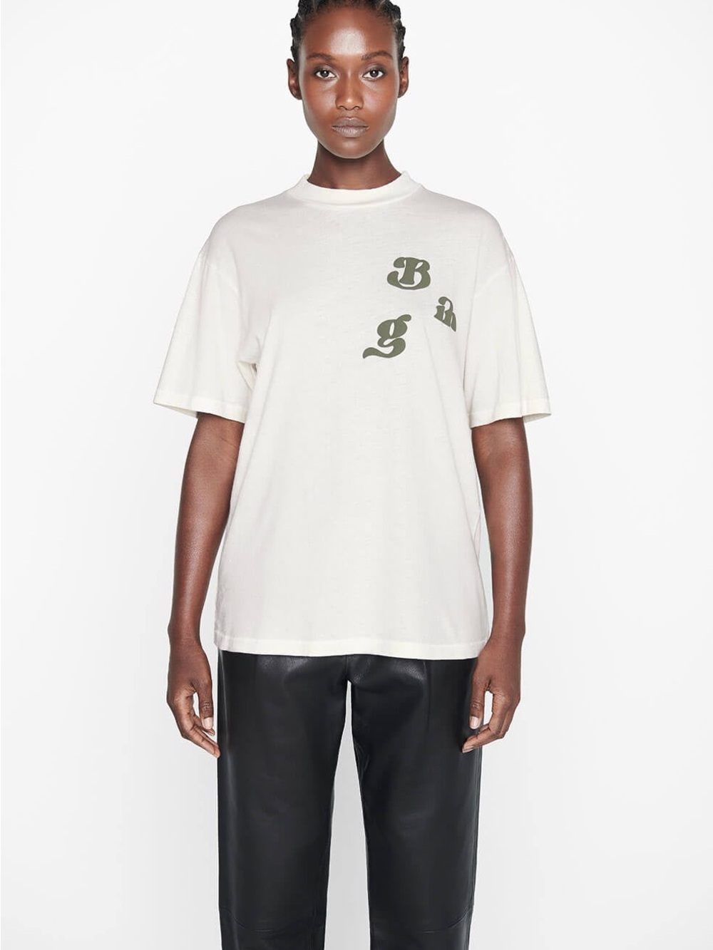 Anine Bing Cream Ashton Tee with Olive Green Logo
